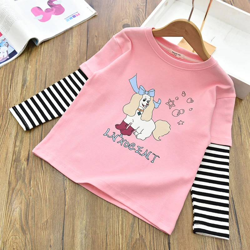 女童假两件条纹袖卡通图案打底衫中大儿童长袖T恤