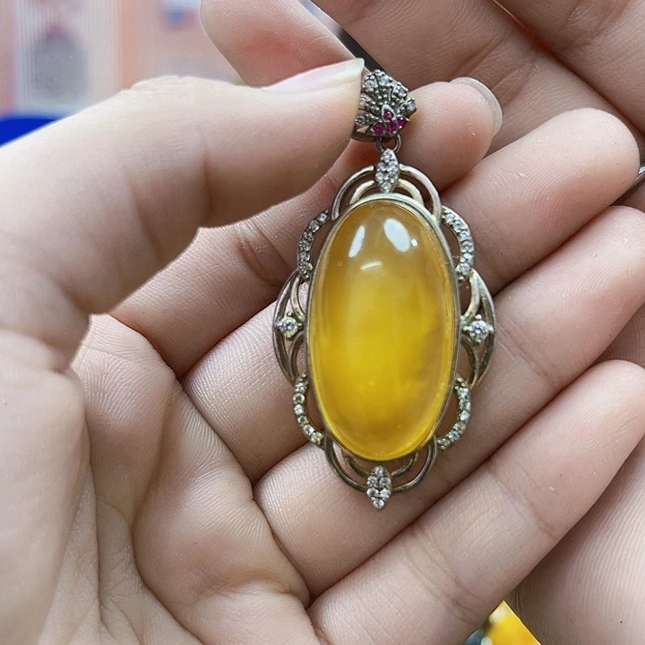 蜜蜡银S925镶嵌裸石吊坠