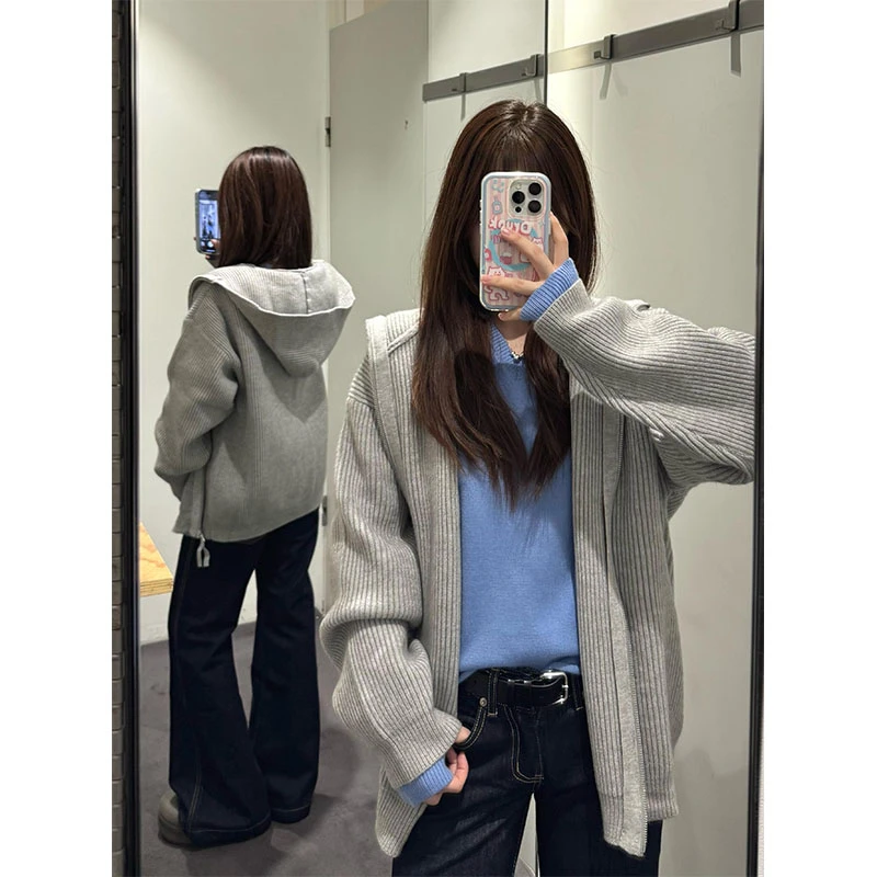 韩系慵懒风灰色V领针织外套女宽松百搭长袖上衣潮内搭显瘦牛仔裤