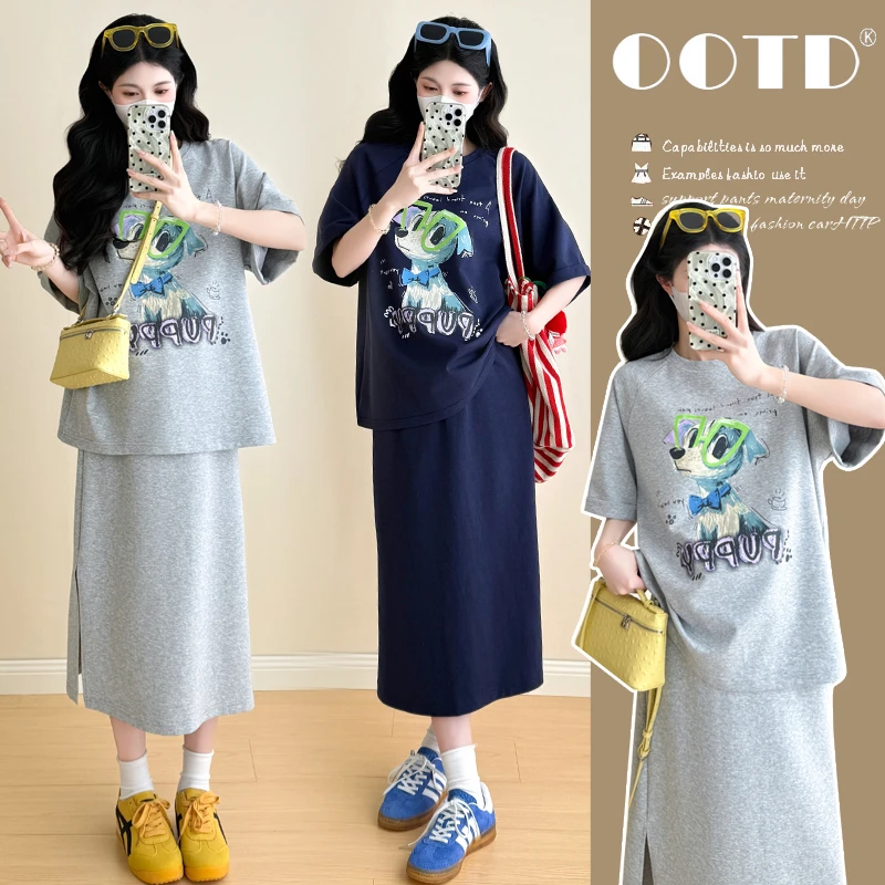 孕妇装夏装套装2025新款冰爽托腹半身裙夏季薄款宽松时尚两件套