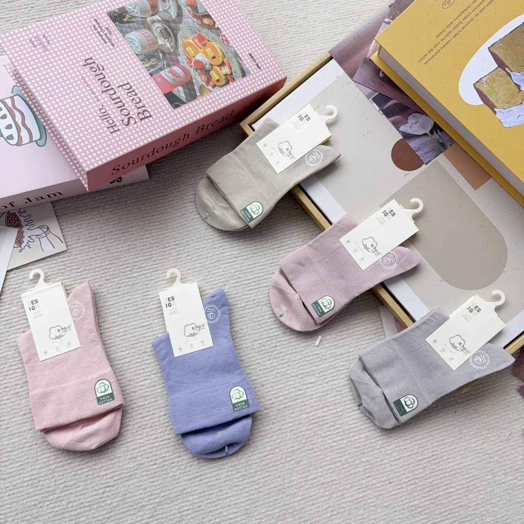 6021-2 五双女袜百棉纯色休闲中筒袜