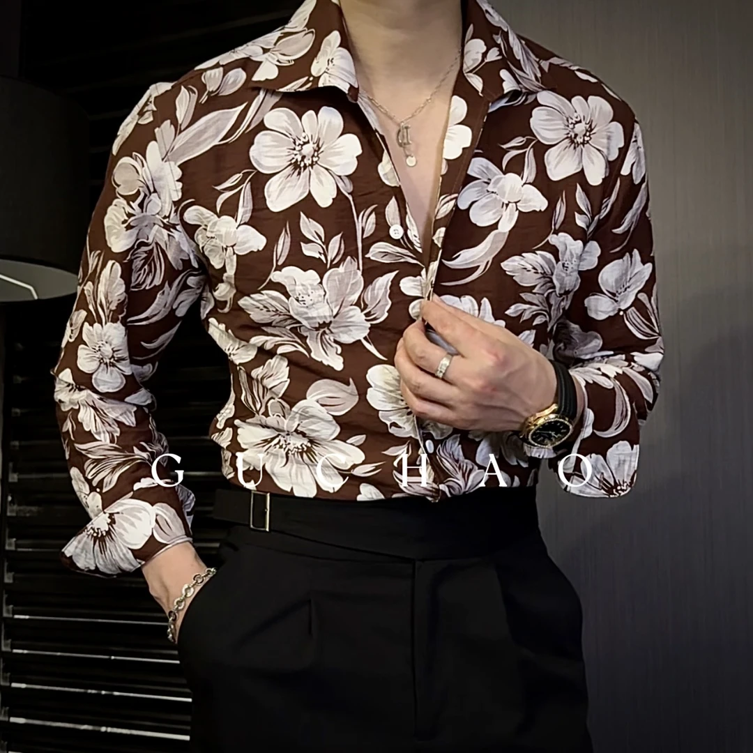 【Gc-古潮】--春夏季-意式轻奢天丝混纺古巴领印花百搭潮流修身衬衫