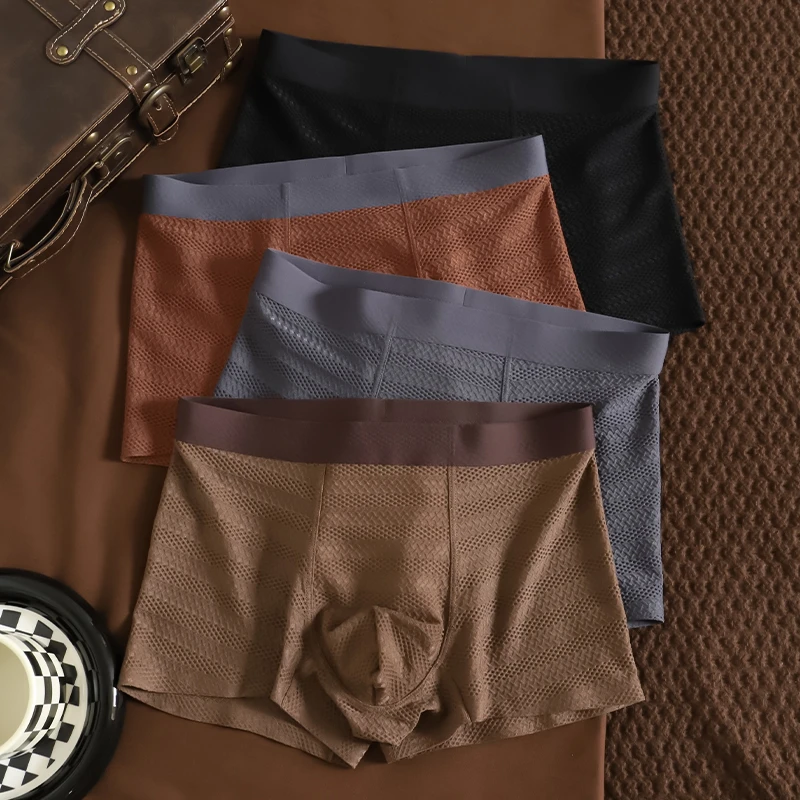 泡泡网孔冰丝内裤夏天新款透气洞洞裤男平角裤提花薄款男内裤无痕