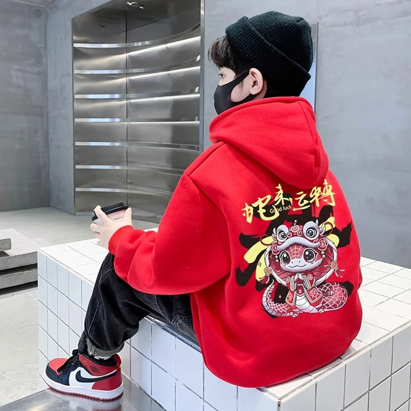 男童红色卫衣加绒秋冬款2025蛇年本命年衣服中大童国潮喜庆拜年服