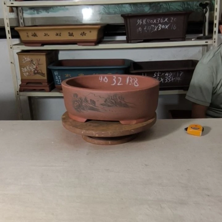 紫砂花盆豆沙色大腰圆