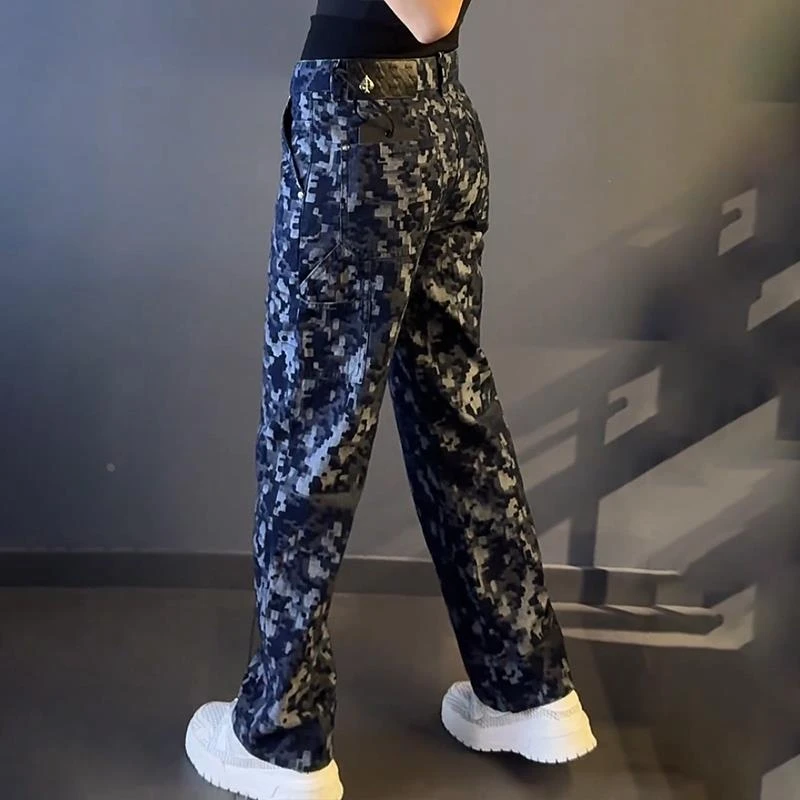 春秋男装大码潮牌男士设计感时尚迷彩蓝牛仔裤宽松休闲裤百搭新款