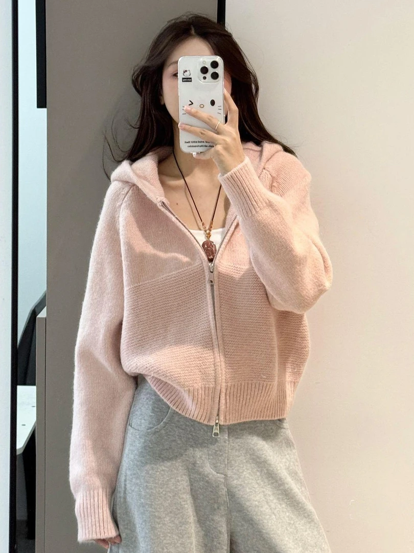 韩系连帽毛衣女秋冬新款纯色百搭气质针织上衣拉链外套加厚毛衫