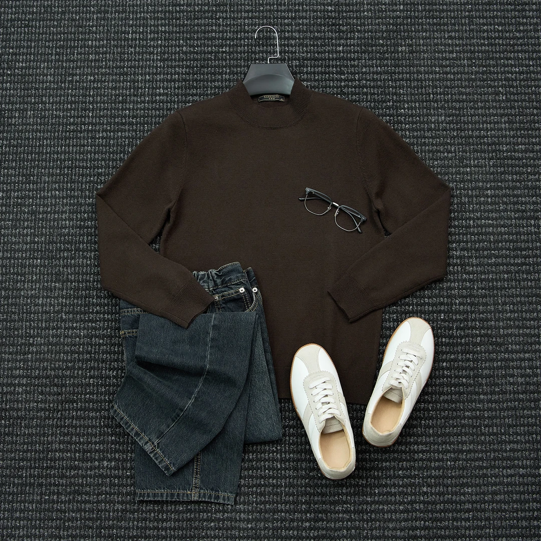 SHENGS秋冬季男士商务半高领毛衣男休闲打底内搭圆领针织羊毛衫