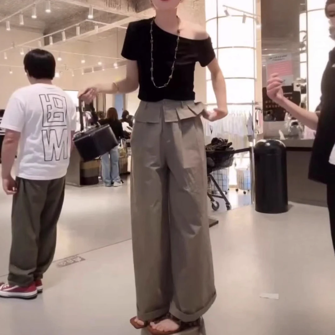 韩系简套装质卡其色裤子2025夏季新款直筒裤高级感复古舒适长裤女