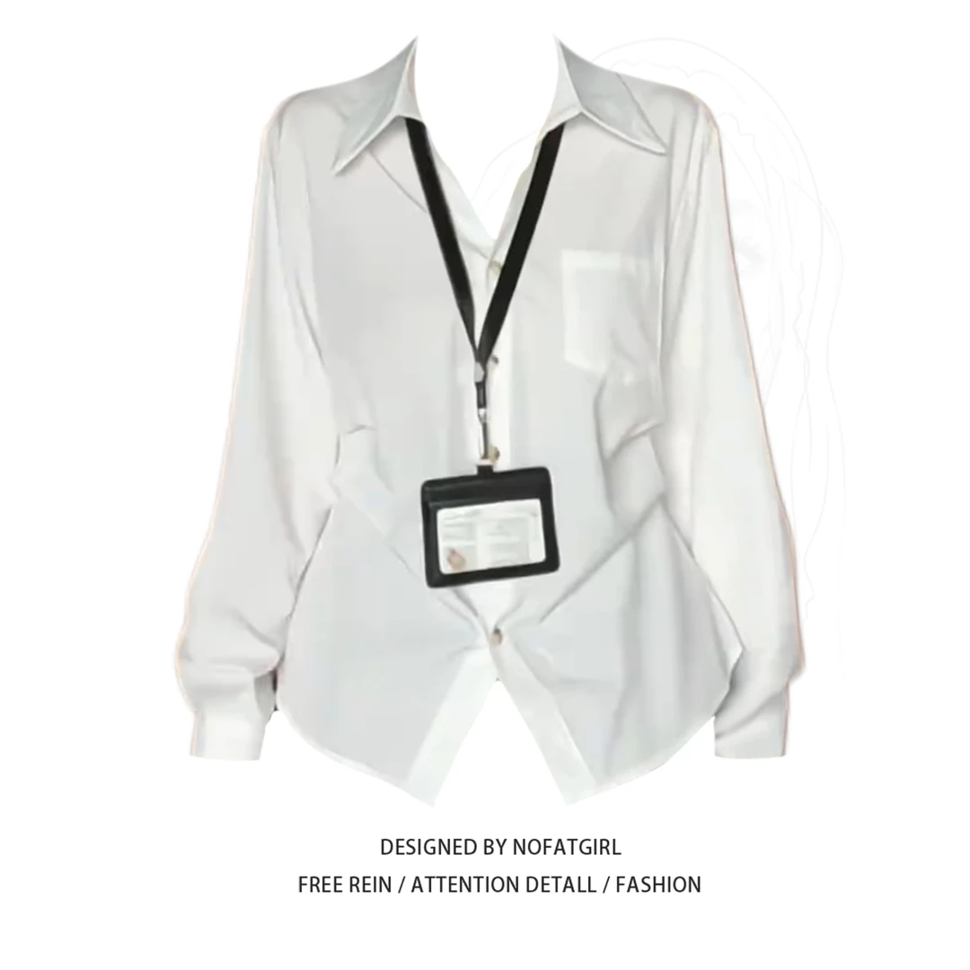 大码胖MM复古高智风白色长袖翻领衬衫女早秋季百搭收腰设计感上衣