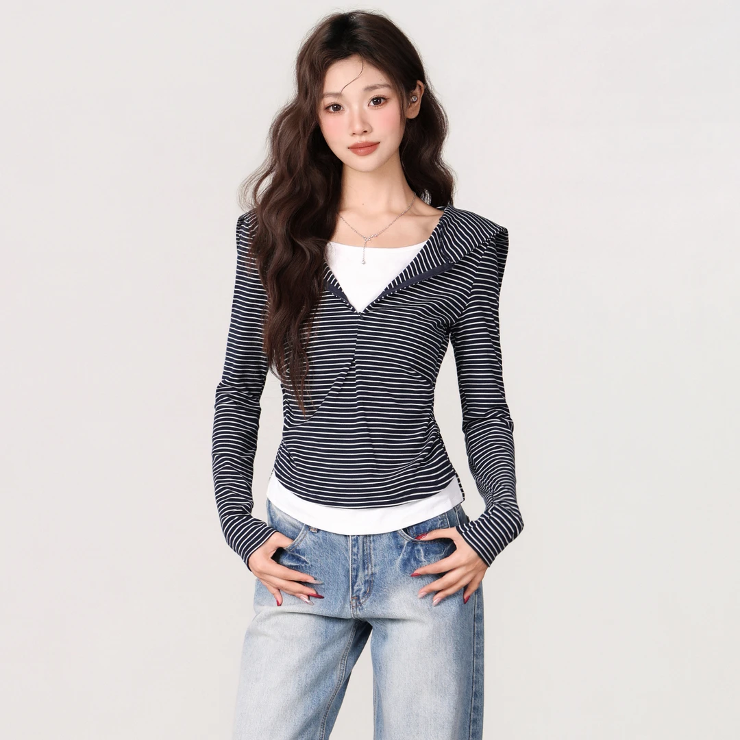 GL 海军领假两件撞色条纹半拉链长袖t恤女秋冬显瘦修身百搭上衣