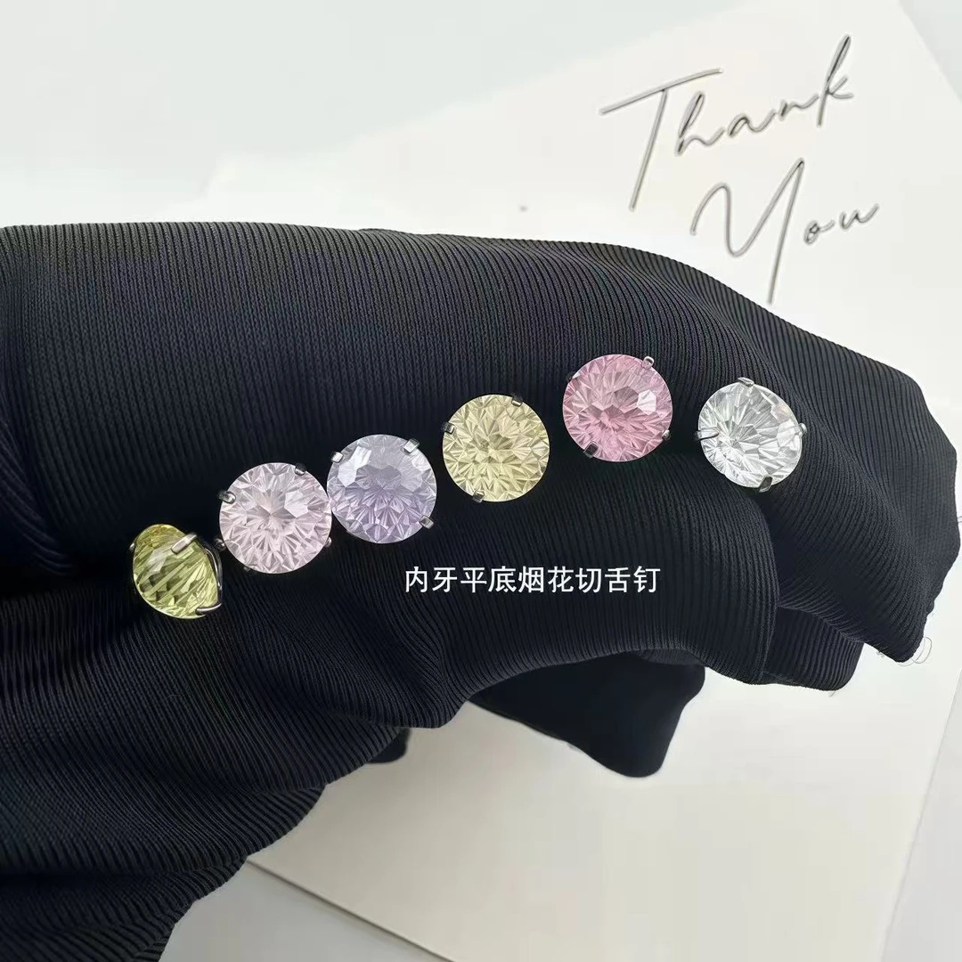 钛钢耳饰 烟花切锆石钛钢舌钉粗1.6欧美炫彩可喝酒可拆卸