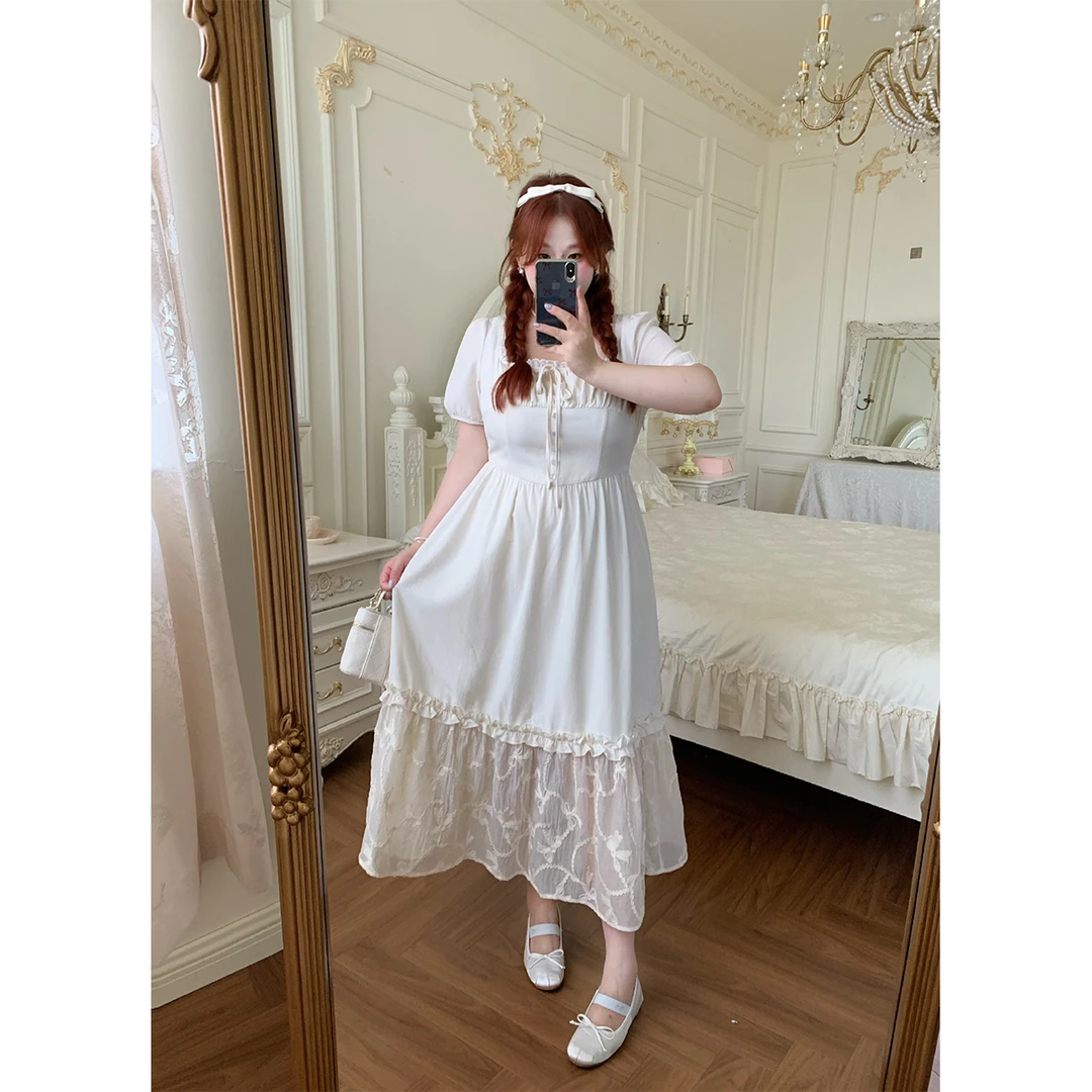 徐达布【舒适主义】大码米杏色连衣裙女木耳拼接连身裙L34114C52