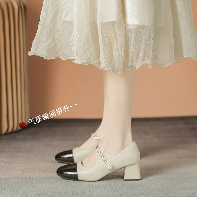 春夏时尚粗跟法式小香风鞋子浅口温柔配裙子玛丽珍百搭白色高跟鞋
