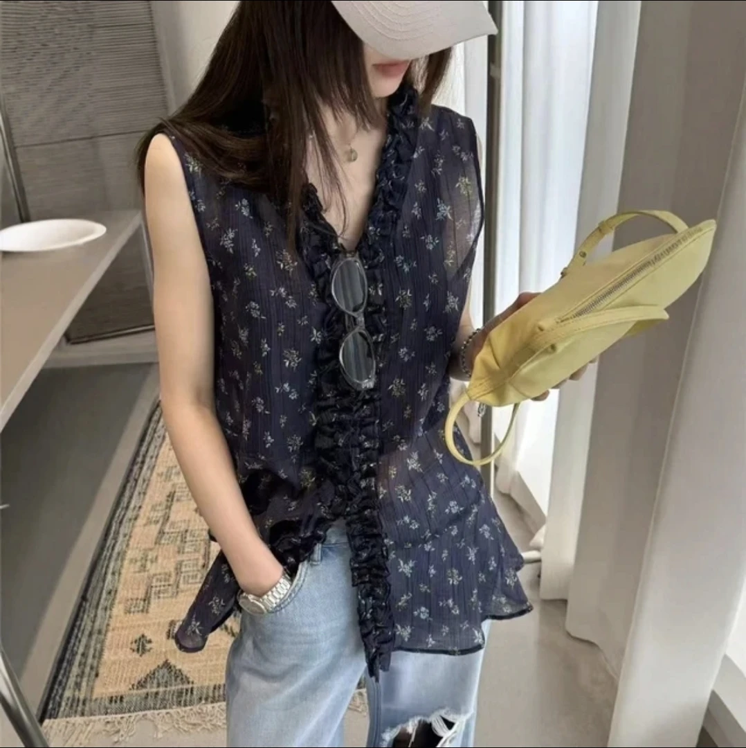 【花边碎花】韩系夏季新款欧货小碎花木耳边V领无袖衬衫上衣