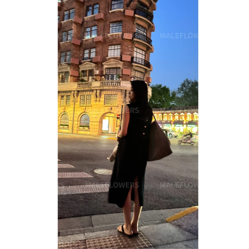 东倪原创撞色领口背心裙圆领无袖连衣裙针织修身显瘦韩版 85B916