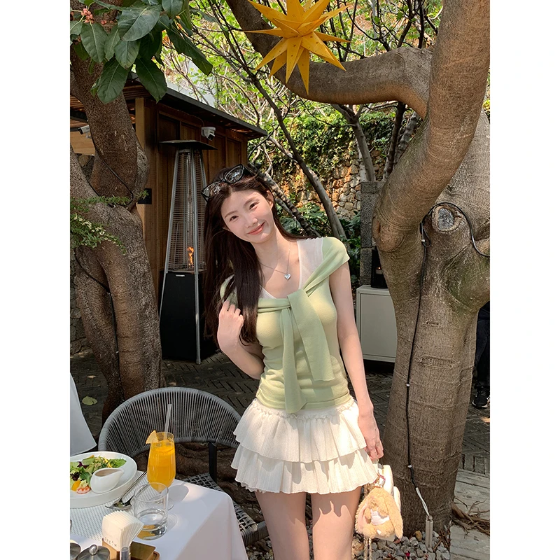 【绿色心情】夏季法式披肩飘带短袖拼色显瘦修身针织衫