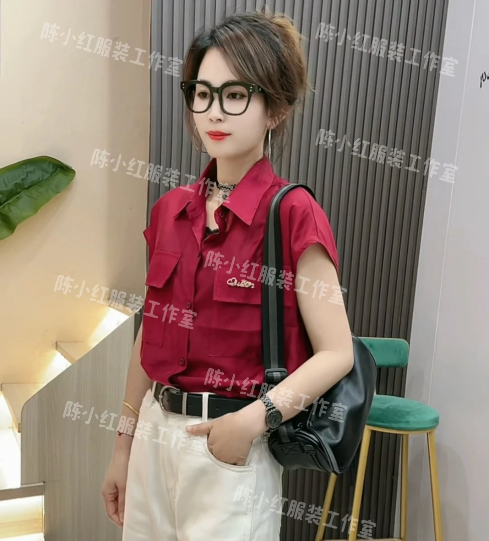 《陈小红服装》2025季短袖极简风常规纽扣衬衫港味工装洋气上衣