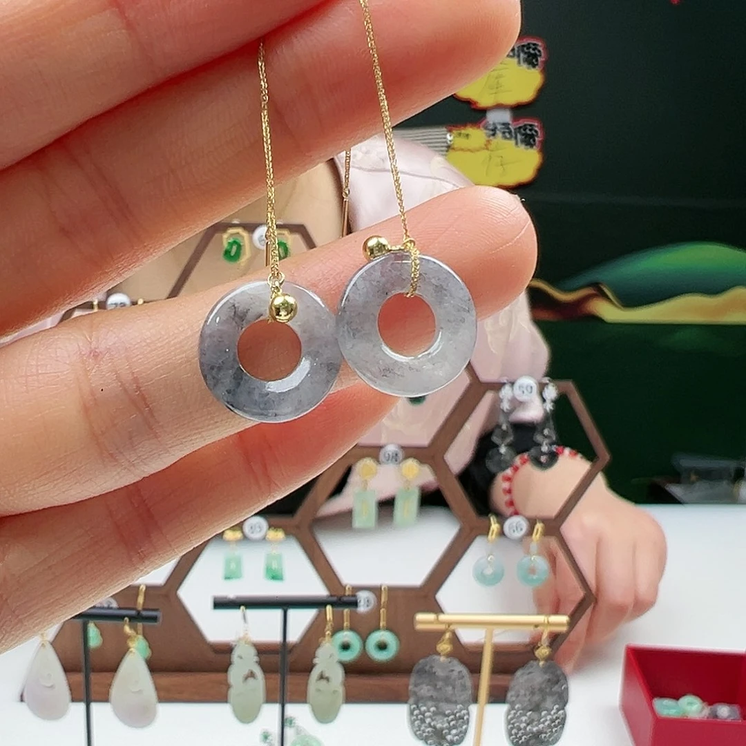 翡翠耳饰18K金镶嵌珍*白天然翡翠耳饰18k金镶嵌