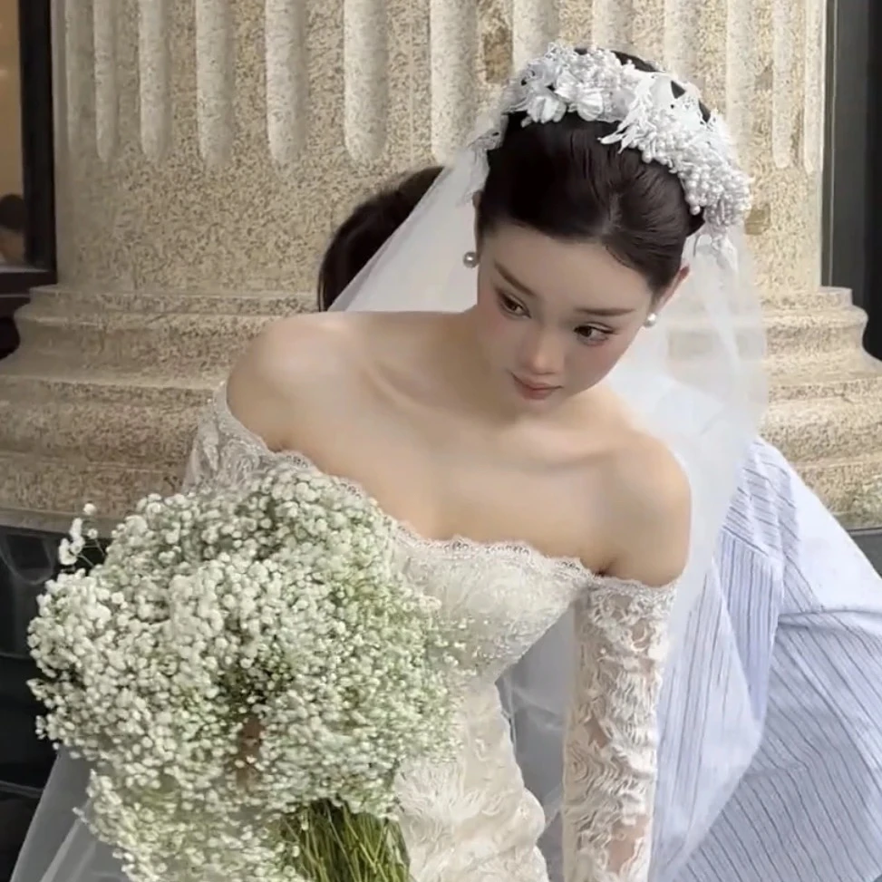 7035复古法式主纱造型珍珠蕾丝发箍新娘结婚头饰