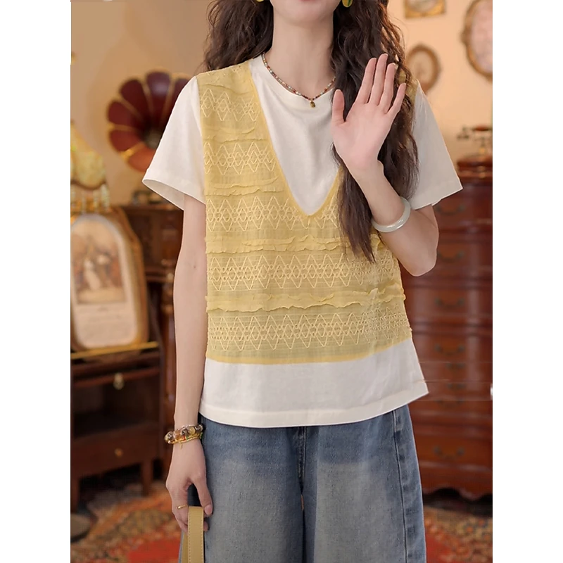 小众复古设计感拼接假两件短袖T恤2025夏季新款时尚气质休闲上衣