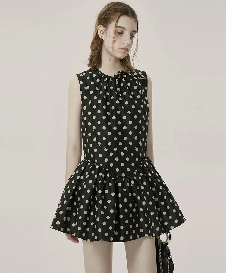 波点连衣裙2025年夏季新款甜辣少女风法式无袖收腰蓬蓬裙配短裤女