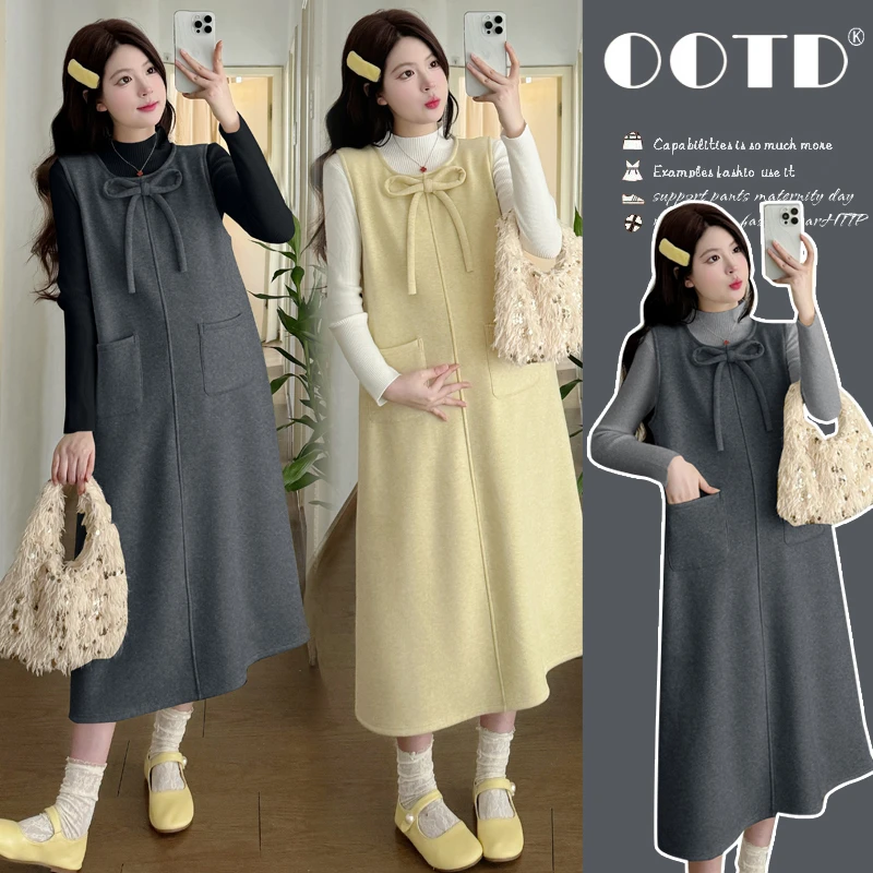 韩版孕妇秋冬装加绒加厚毛呢弹力背心裙长款套装2025新款