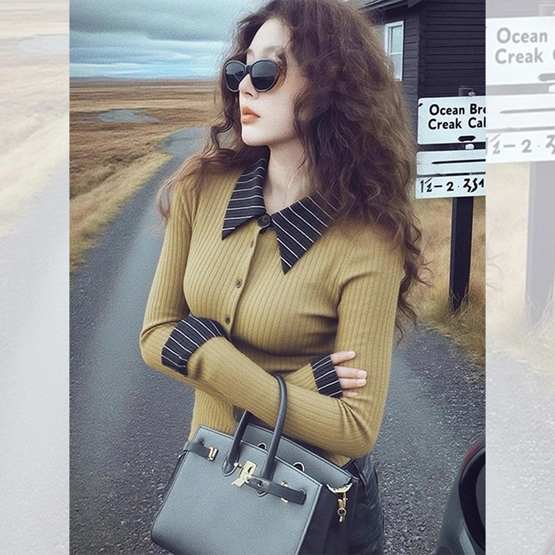 独特漂亮驼色polo领小衫内搭打底针织衫洋气高贵休闲上衣女装秋冬