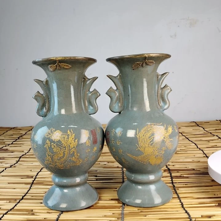 摆件陶汝窑描金包铜口老工艺