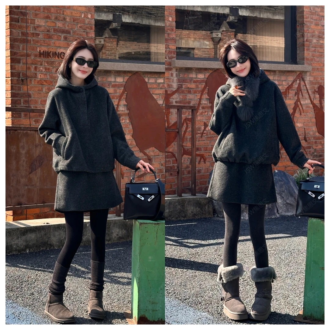 焦思文 冬季时尚洋气保暖连帽卫衣+短裙两件套装251118Y01