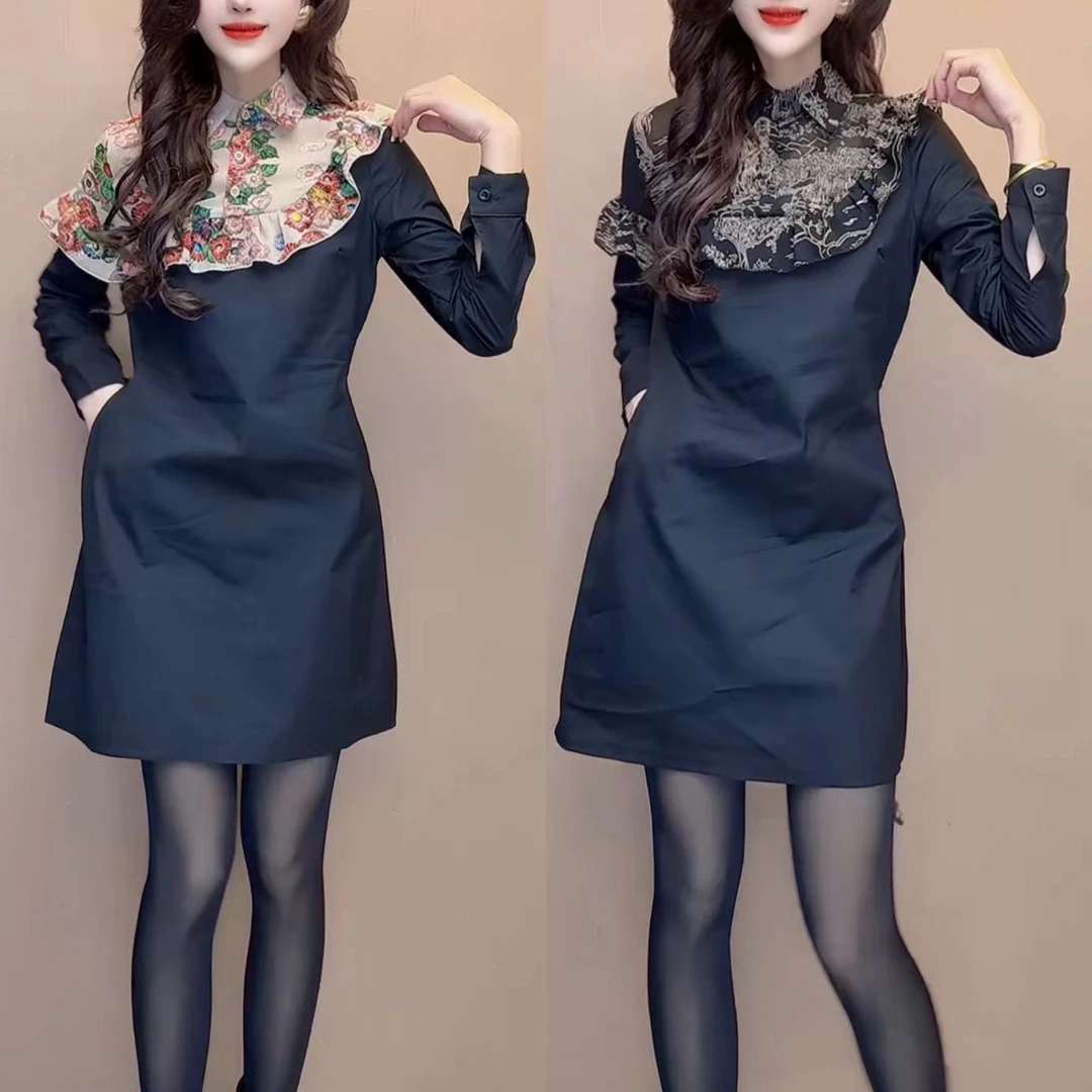 时尚收腰修身显瘦复古拼接连衣裙