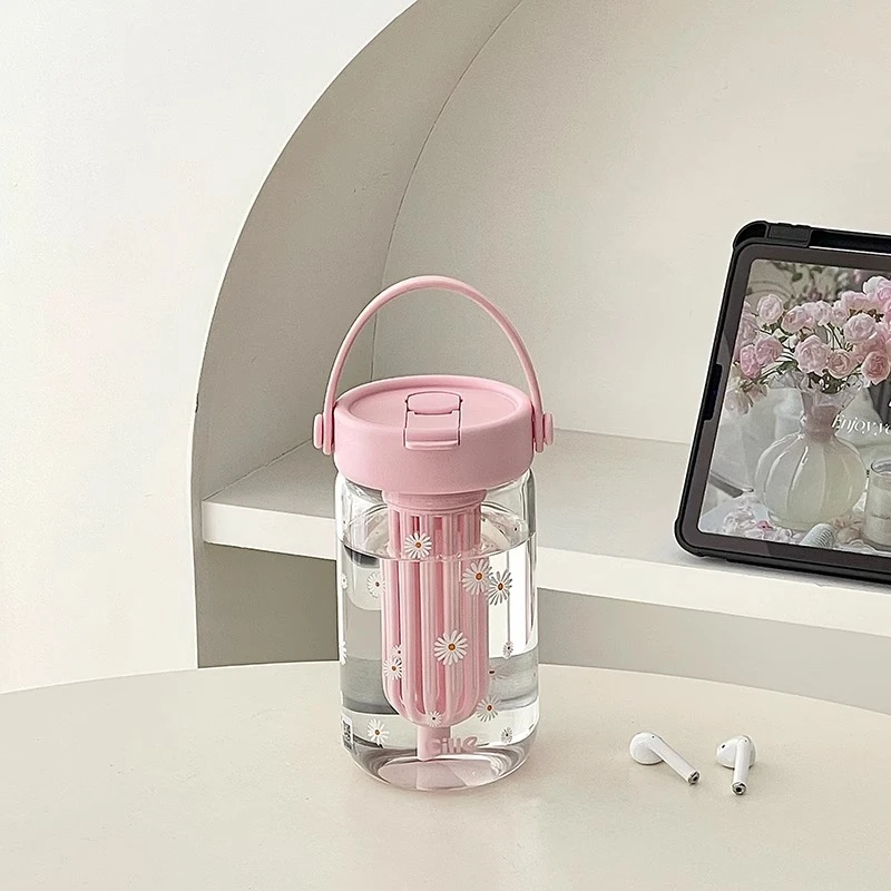 2025新款夏日花朵玻璃杯耐高温手提便携耐高温女高颜值吸管水杯子