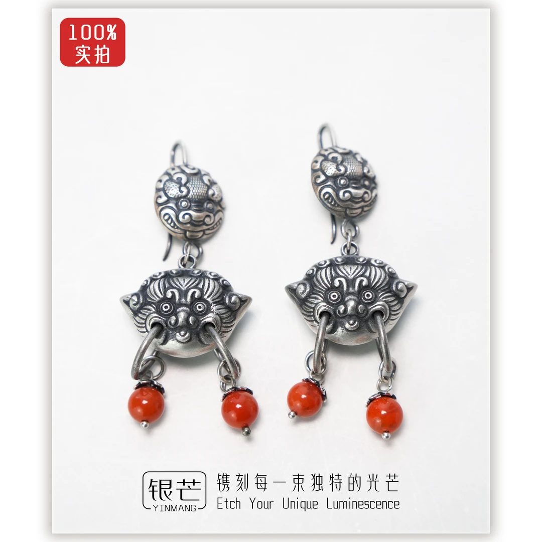 925银耳饰 门环兽耳坠+吞金兽耳钩+红色流苏手工气质百搭复古古风