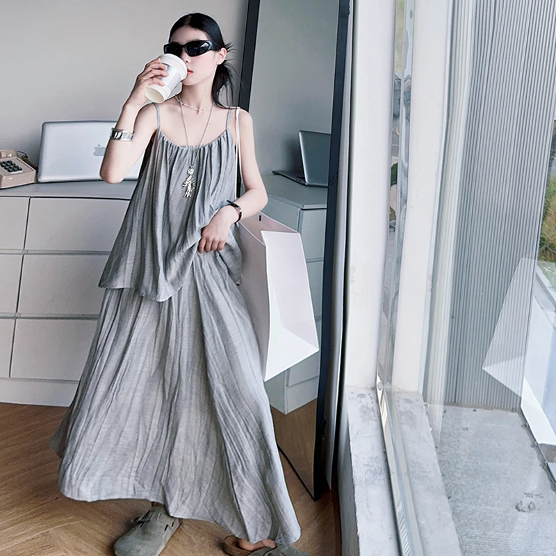 女童套装薄款法式慵懒松弛感褶皱吊带上衣半身裙两件套2025夏儿童