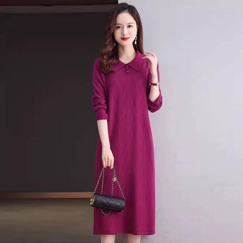 秋冬季长袖针织衫直筒连衣裙过膝中长款女装时尚打底衫翻领毛衣女