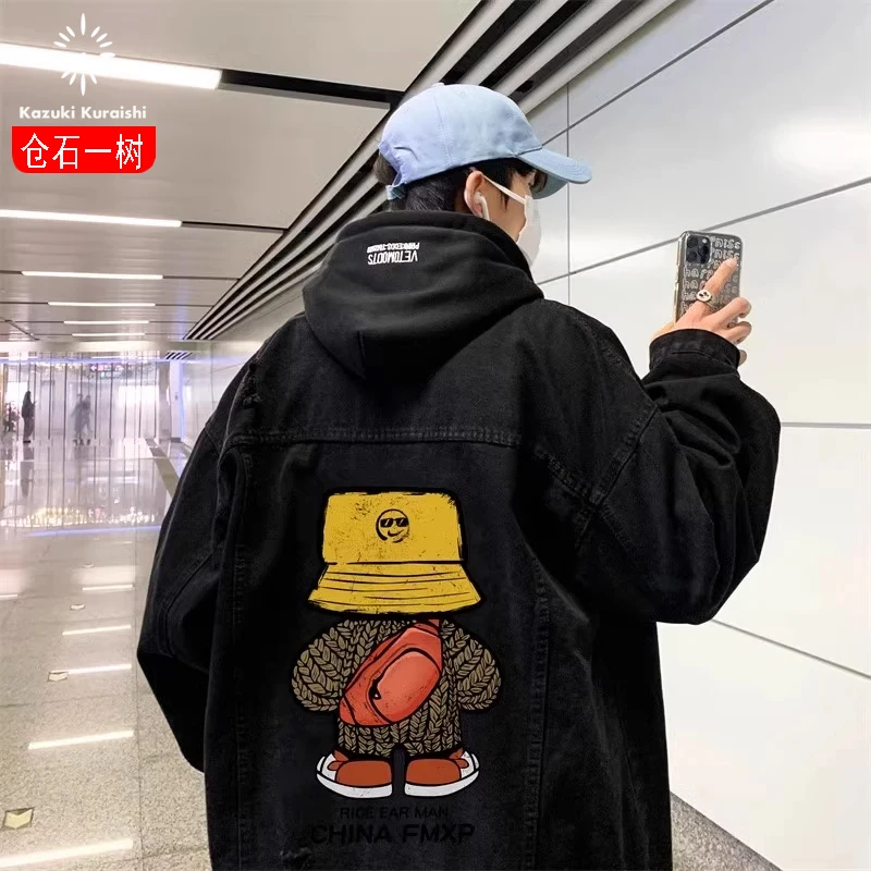 仓石一树潮流秋冬牛仔外套情侣款设计感宽松休闲印花加绒夹克外套