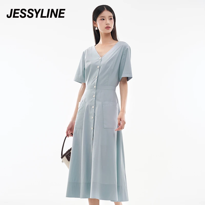 jessyline杰茜莱夏季潮流新款v领收腰显瘦设计感气质衬衫连衣长裙