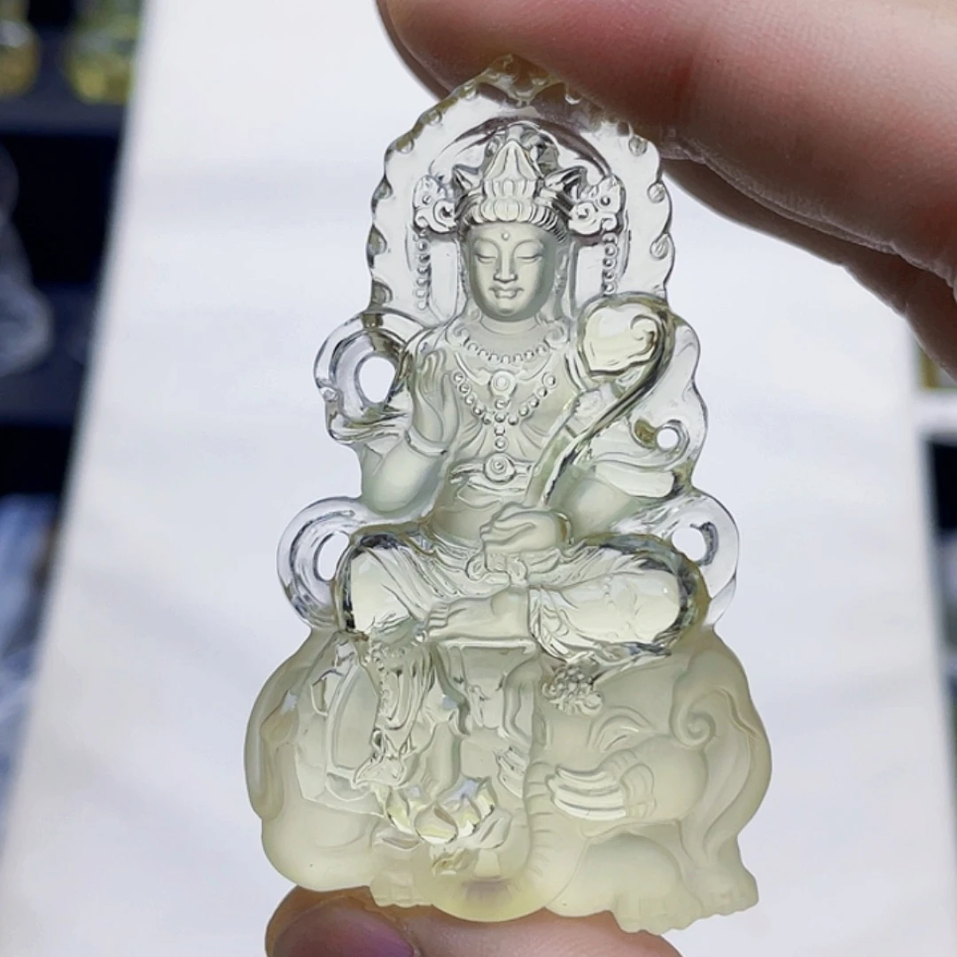 简***牌水晶颈饰未镶嵌黄水晶大师精雕普贤