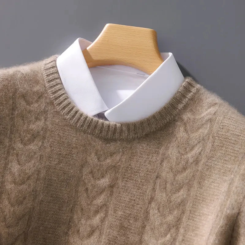 秋冬纯羊毛衫男士加厚圆领三条麻花商务休闲时尚套头毛衣针织-27