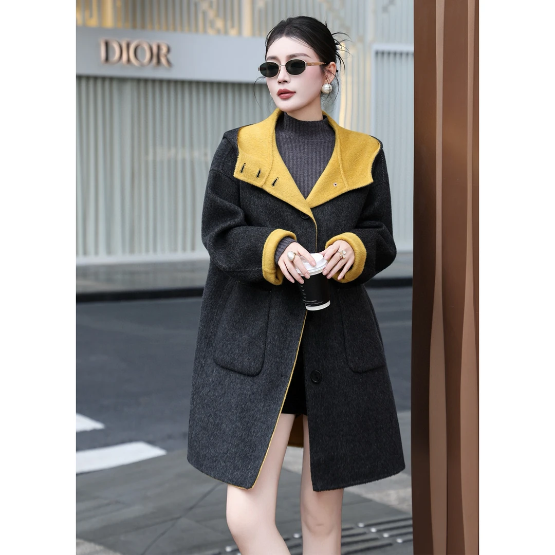 2025冬装时尚撞色手缝双面呢高端连帽双袋中长款欧美风大衣外套女