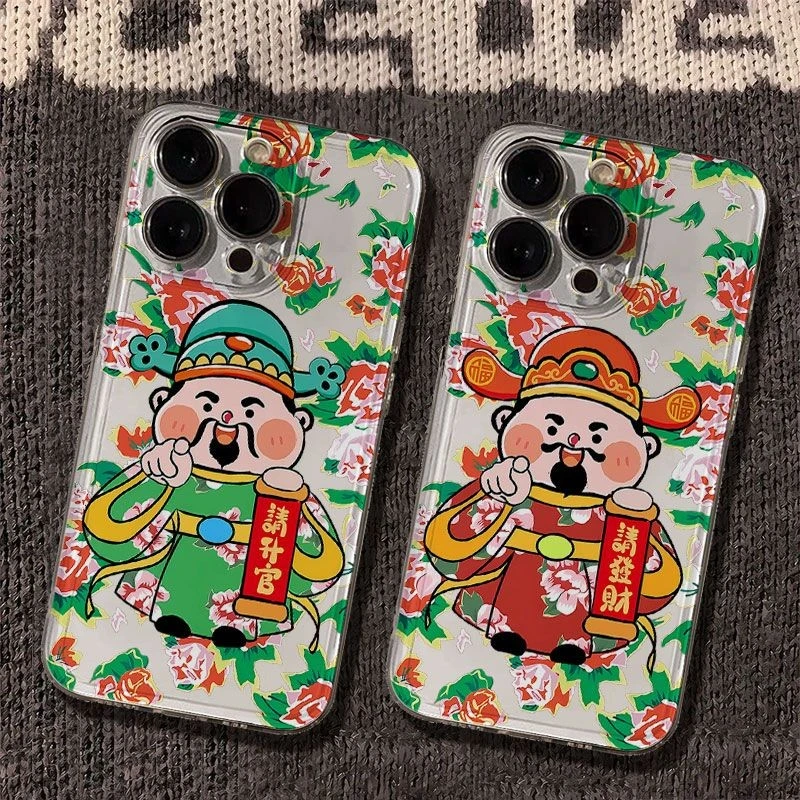 大花财神爷太空手机壳适用于苹果16透明iphone14保护壳1512pro
