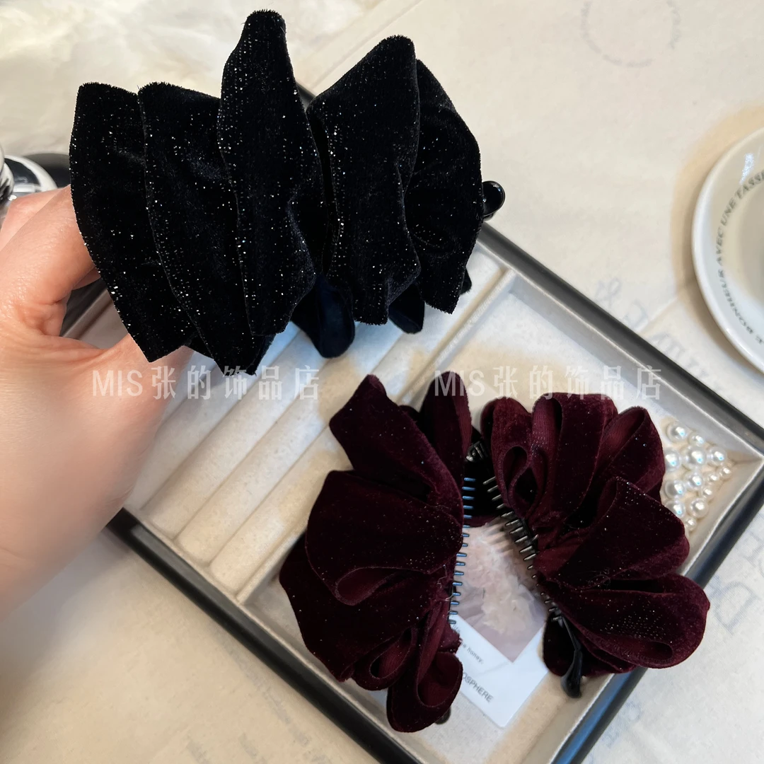 帛妃秋冬气质时尚细闪黑色丝绒蝴蝶结香蕉夹百搭简约蓬松显发量