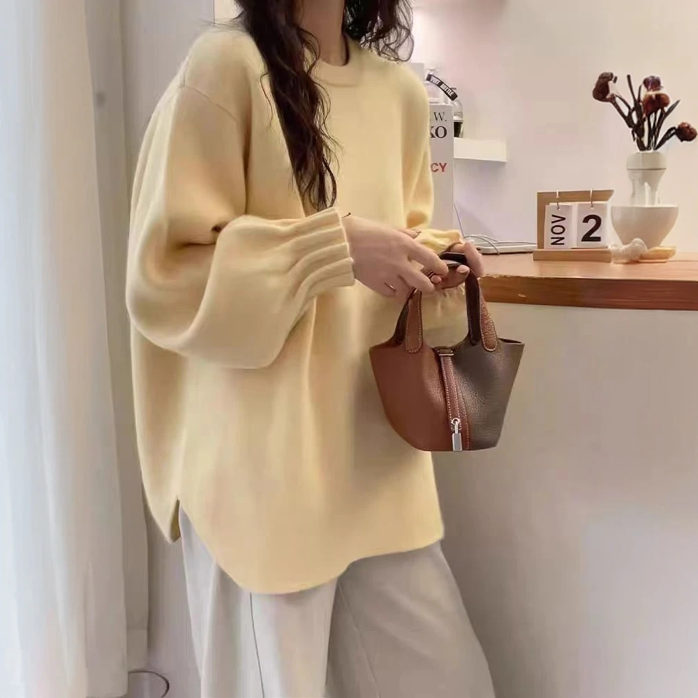 褶皱灯笼袖毛衣女秋冬新款圆领套头保暖针织衫宽松慵懒风韩版上衣