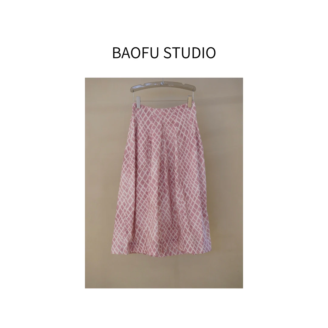 BAOFU studio | 粉色格纹半裙单层棉质春夏粉网菱格半身裙