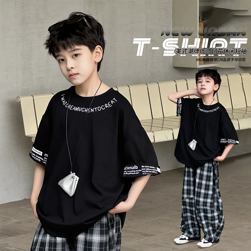 男孩夏装潮酷运动中大童字母帅气男圆领短袖宽松薄款夏季T恤套装