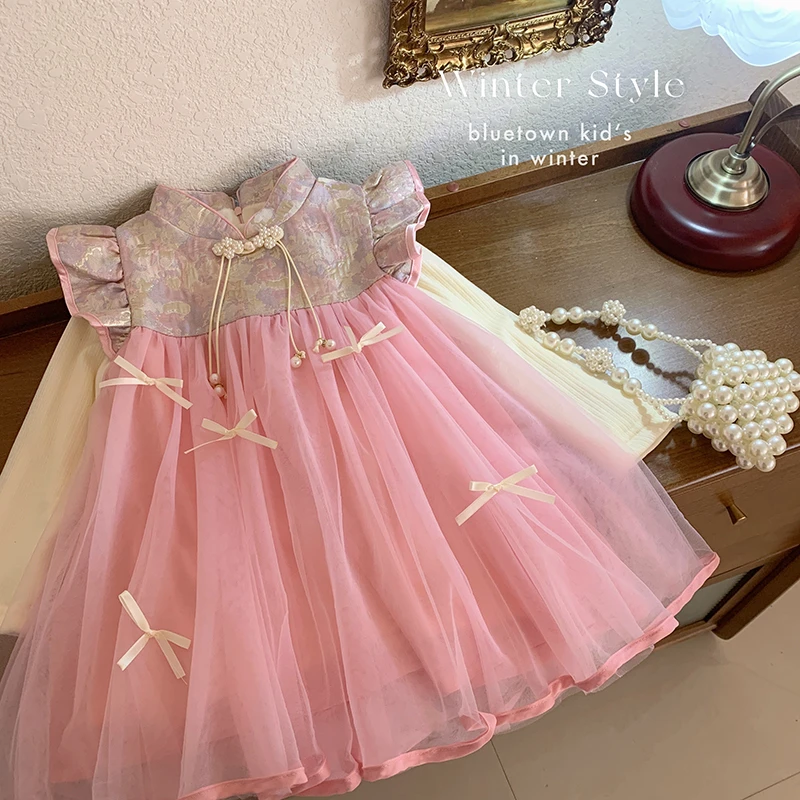 【本妈】冬"粉黛"女童国风加绒打底+国风无袖加绒连衣裙套T23259 35