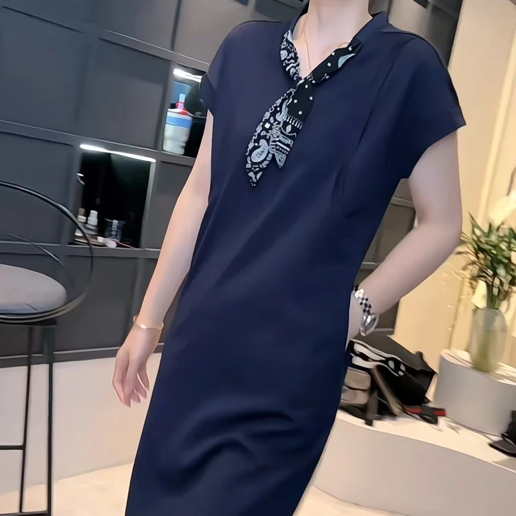 时尚纯色丝巾拼接V领T恤连衣裙女夏季气质百搭宽松显瘦中长款裙子