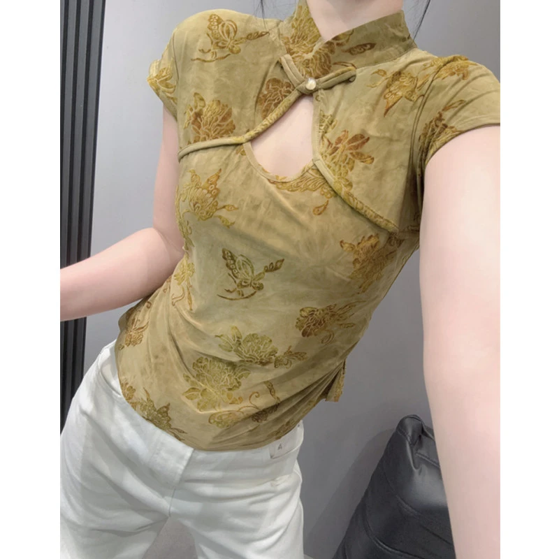 中式盘扣植绒镂空短袖T恤女国风优雅复古立领提花收腰紧身上衣夏