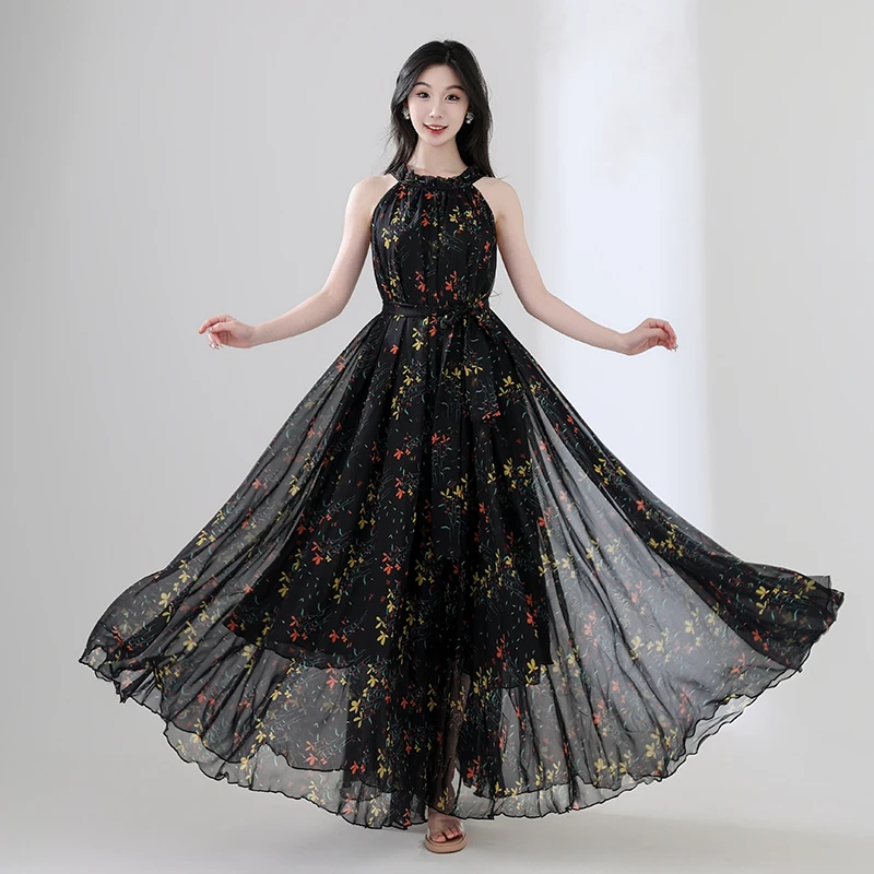 云娇玫瑰天丝黑色印花连衣裙夏季韩版收腰显瘦过膝长裙短袖裙子