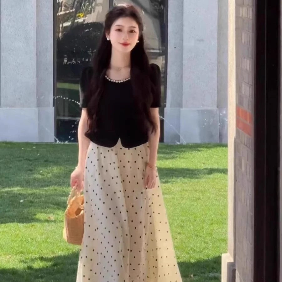 法式赫本风短袖连衣裙女夏季大码女装收腰显瘦假两件波点雪纺长裙